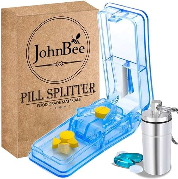JohnBee Pill Cutter | Best Pill Cutter for Small or Large Pills | Designed in The USA| Cuts Vitamins | Includes Keychain Pill Holder (Blue) | pill splitter for small pills or 0.8" large pills - Product Image