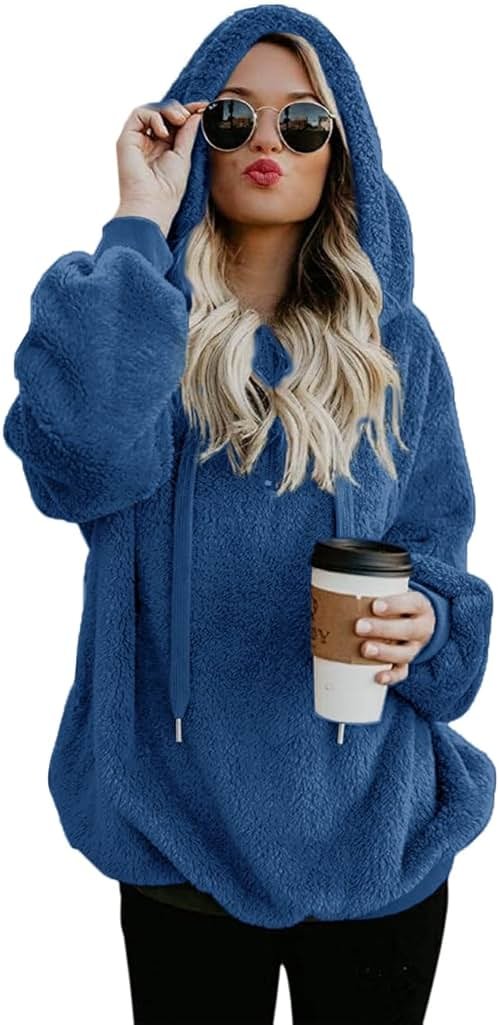 Women Casual Double Fuzzy Sweatshirt Faux Fleece Zip Pullover Hoodies Coat Outwear S-XXL - Product Image