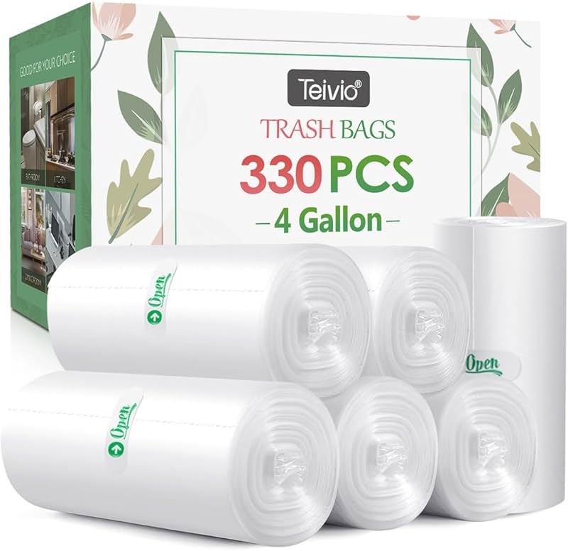 4 Gallon 330 Counts Strong Trash Bags Garbage Bags by Teivio, Bathroom Trash Can Bin Liners, Small Plastic Bags for home office kitchen (Clear) - Product Image