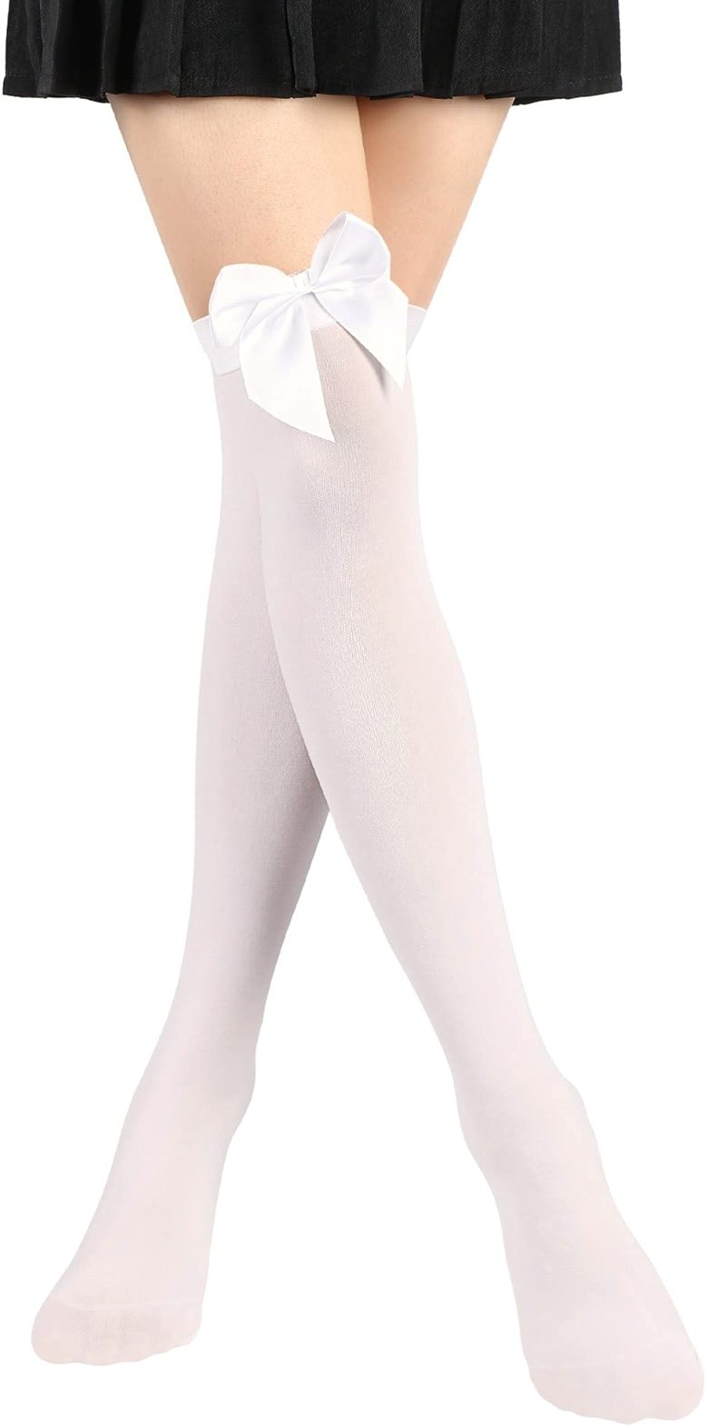 SATINIOR Knee High Socks with Bow White Stockings Black Stockings Women Thigh High Socks - Product Image