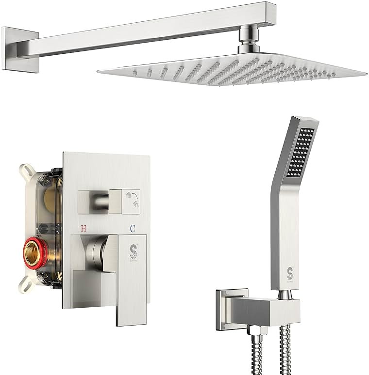 SR SUN RISE Shower Faucet Set Bathroom Square Rain Shower Head with Handheld Spray Wall Mounted Rainfall Shower Fixtures Brushed Nickel Shower Faucet Trim Repair Kits (Contain Shower Valve)10 Inches - Product Image