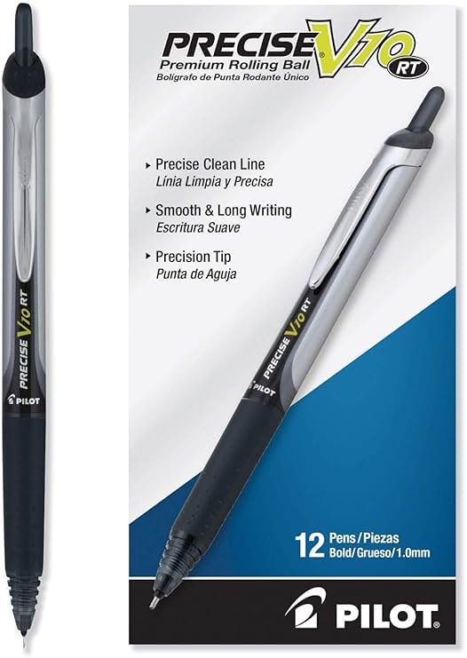 Pilot Precise V10 RT Refillable & Retractable Rolling Ball Pens, Bold Point, Black Ink, 1.0mm, 12-Pack - Product Image