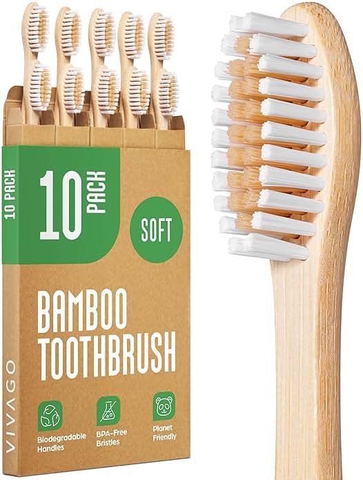 VIVAGO Bamboo Toothbrushes 10 Pack - BPA Free Soft Bristles Toothbrushes, Eco-Friendly, Natural Wooden Toothbrush - Product Image