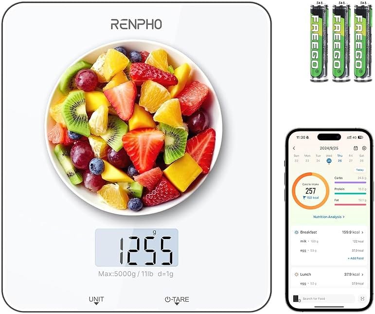RENPHO Food Scale with Nutritional Calculator, Digital Kitchen Scale for Weight Loss, Smart Food Weight Scale with App for Macro Keto Calorie Cooking, Grams and Ounces, White, 11lb/5kg - Product Image
