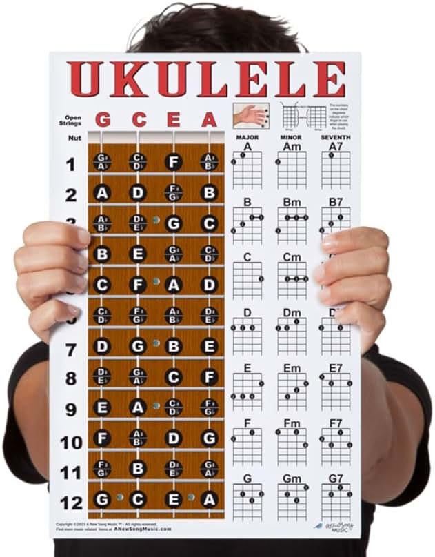 Laminated Ukulele Fretboard & Chord Chart Poster for Beginners 11x17 | Soprano Concert Tenor | gCEA Tuning | Essential Chords | Durable Easy to Read | Perfect Uke Gift | Made in USA | A New Song Music - Product Image