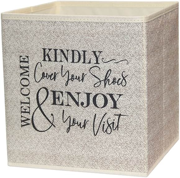 Shoe Cover Box - Welcome Guests to Please Cover Shoes. Indoor Foldable Storage Bin to Fill w/your Favorite Booties. For Homeowner, Real Estate Agent, Realtor Open House Supplies | 1 Beige & Black - Product Image