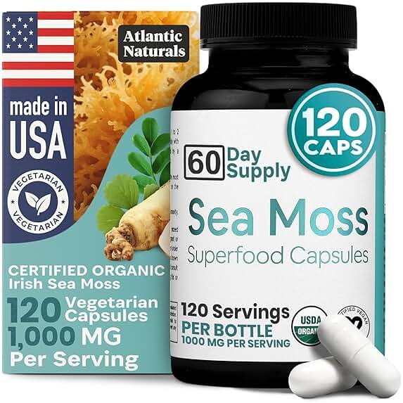 Atlantic Naturals Superfood Organic Irish Sea Moss Capsules - 120 Veggie Capsules | Wildcrafted Organic Sea Moss Supplement for Men & Women | Better Than Sea Moss Gel | Support Immunity & Skin, 1000mg - Product Image