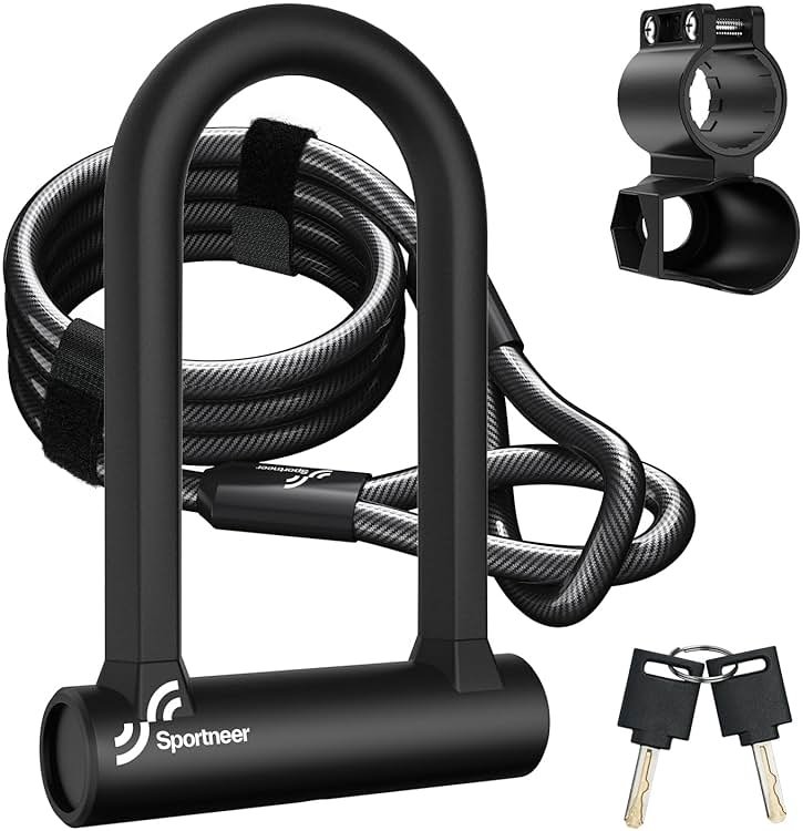 Sportneer Bike Lock: Heavy Duty Anti Theft Bike U Lock with 5ft Security Steel Cable - 17mm Shackle Bicycle U-Locks with 2 Keys & Mounting Bracket for Road Mountain Bike, Size 7.76''x5.02'', 1.64lb - Product Image