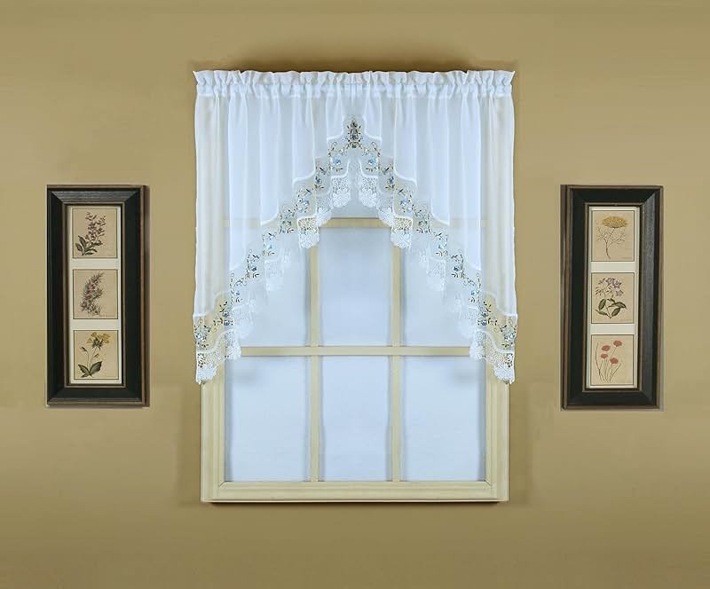 Today's Curtain, Vintage Macramé Organza Swag 38", White/Blue, 58" W x 38" L - Product Image