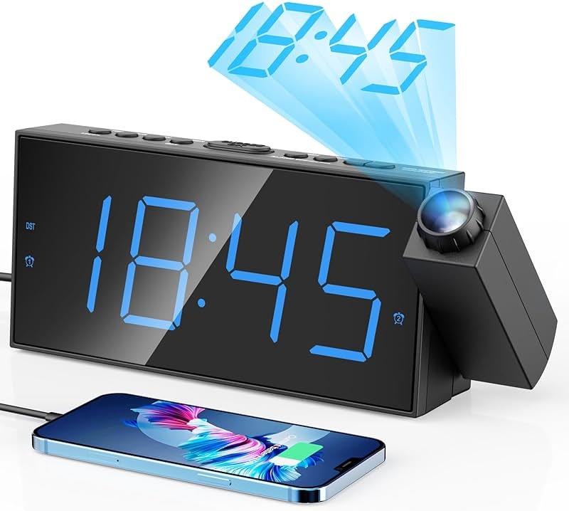 Digital Projection Alarm Clocks for Bedrooms - Large LED Display, 180° Rotatable Projector, 5-Level Dimmer,USB Charger,Battery Backup,Loud Dual Alarms for Kids Elderly,Heavy Sleepers,Snooze,12/24H,DST - Product Image