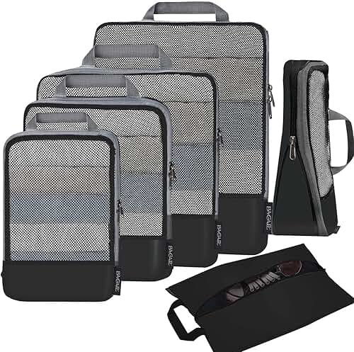 BAGAIL 4 Set/6 Set/8 Set Compression Packing Cubes Travel Accessories Expandable Packing Organizers (Half Mesh, 6-Black) - Product Image
