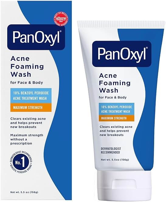 PanOxyl 10% Benzoyl Peroxide Acne Foaming Wash, Maximum Strength, Daily Acne-Fighting Face and Body Cleanser, Face Wash to Clear, Treat and Prevent Acne Pimples and Stubborn Breakouts, 5.5 Oz Tube - Product Image