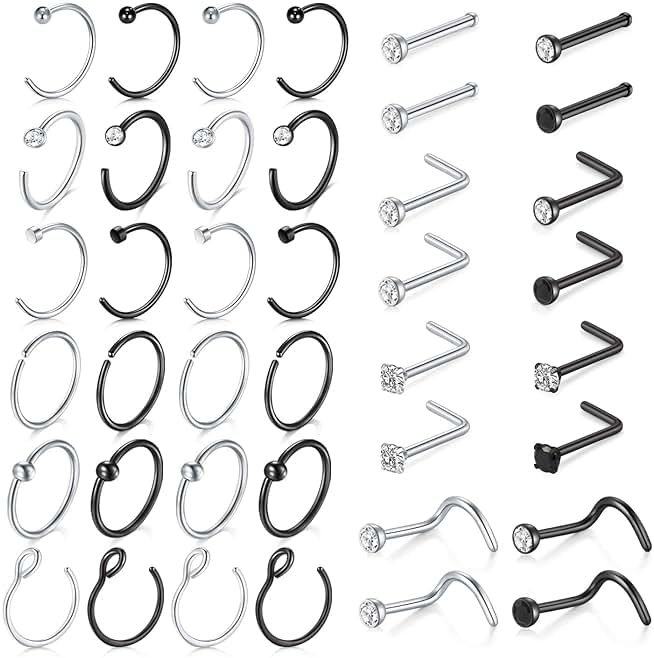 MODRSA 18 Nose Rings Studs Surgical Stainless Steel Hypoallergenic L Shaped Nose Piercing Jewelry for Women Men Silver Black Nostril Hoop Rings 18 Gauge - Product Image