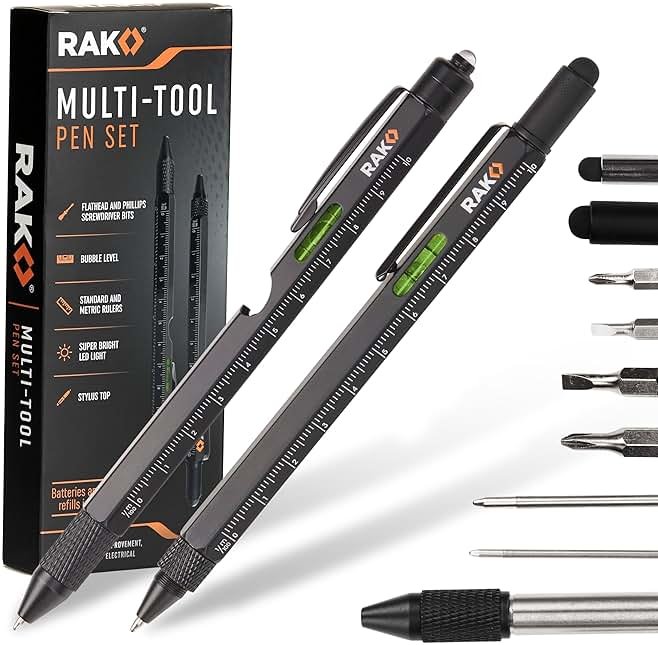 RAK Multitool Pen - Multi-Tool Pen Set 11 in 1, LED Light, Screwdrivers, Level, Ruler, Bottle Opener, and Stylus. Cool Gadgets Gifts for Men, Dad, EDC Tactical Pen Tool, Gift-Ready Box, Pack of 2 - Product Image
