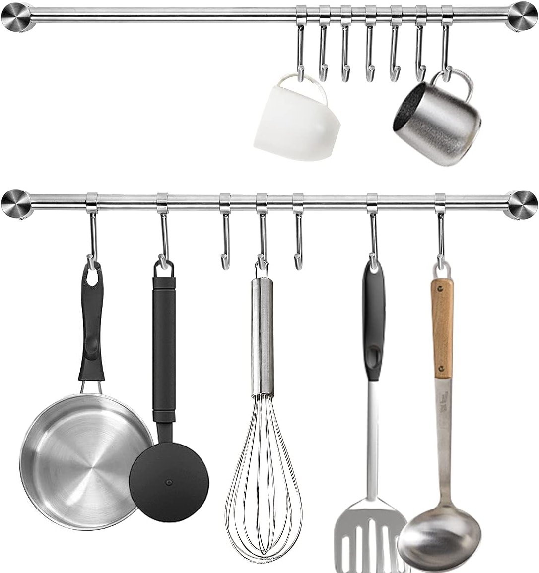 Audmore Kitchen Utensil Rack 2 Pack, 15.6 Inch Pots and Pans Hanging Rack Wall Mounted, 304 Stainless Steel Lid Cooking Utensil Hanger, 7 Sliding Hooks for Spatula Spoon, Measuring Cups, Coffee Mug - Product Image