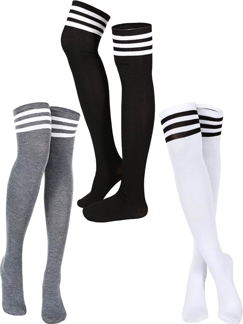 SATINIOR 3 Pairs Knee High Socks Thigh High Triple Stripe over the Knee Socks Long Opaque Thigh Stockings - Product Image