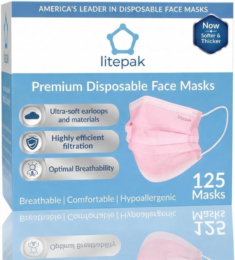 Litepak 125-Pack Disposable Face Mask Premium Comfort Earloops with Dispenser Box (Pink) - Product Image