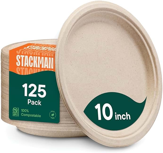 Paper Plates, 100% Compostable Heavy Duty Disposable 10 Inch Plate - [125-Pack] Eco-Friendly, Biodegradable Bagasse - (PFAS-Free) - (BPI Certified) - Product Image