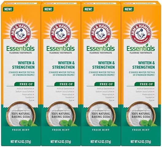 ARM & HAMMER Essentials Whiten & Strengthen Fluoride Toothpaste-4 Pack of 4.3oz Tubes, Fresh Mint- 100% Natural Baking Soda- Fluoride Toothpaste - Product Image