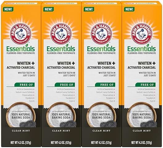 ARM & HAMMER Essentials Fluoride-Free Toothpaste, Whitening + Activated Charcoal Toothpaste, 4 Pack of 4.3oz Tubes, Clean Mint, 100% Natural Baking Soda - Product Image