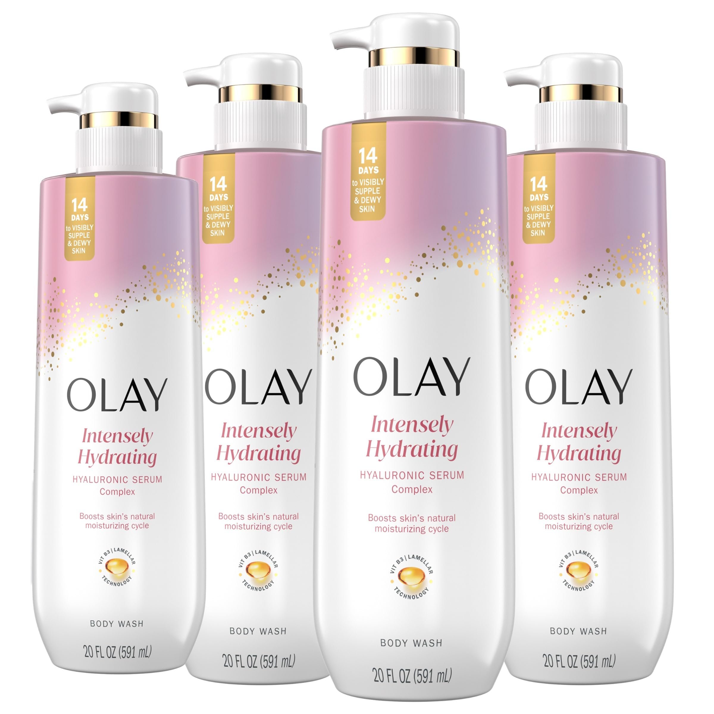 Olay Body Wash for Women, Intensely Hydrating, Hyaluronic Acid Serum Complex, Renews Moisture, Free of Parabens & Phthalates, Vitamin B3 Lameller Technology, For All Skin Types, 20 fl oz (Pack of 4) - Product Image