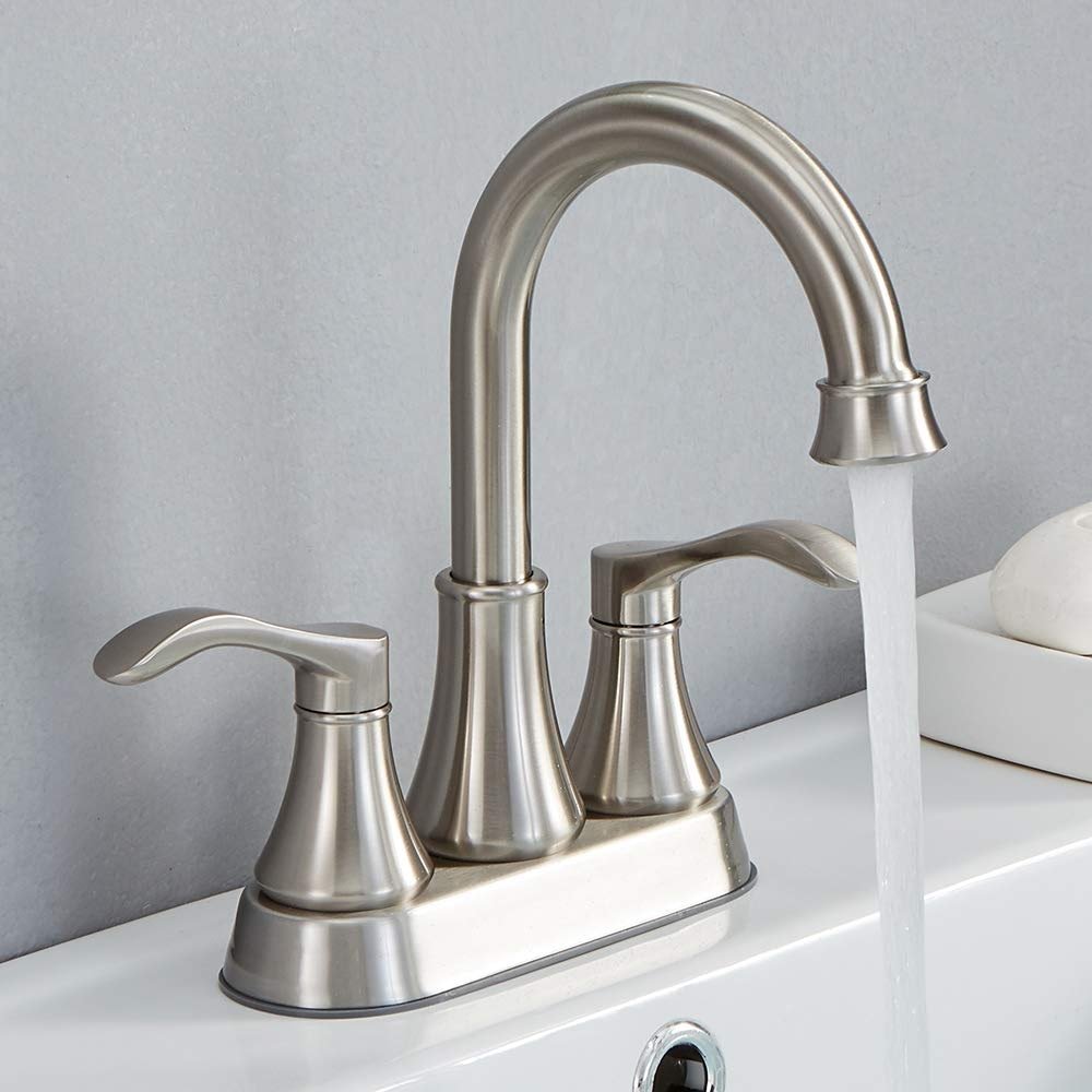 Lead-Free Commercial 2-Handle Brushed Nickel Bathroom Sink Faucet, 360° Swivel High-Arc Spout 4 Inch Centerset Lavatory Vanity Faucets Set for Bathroom Sink with Drain & Water Hoses, VLS10003BML-1 - Product Image