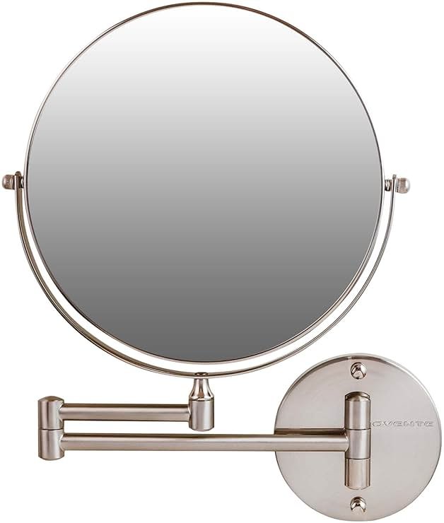 OVENTE 9" Wall Mounted Makeup Mirror with 1X/7X Magnification, Double Sided Magnifying Round Bathroom Vanity Mirror, 360° Swivel Design, Extendable and Folding Arm, Nickel Brushed MNLFW90BR1X7X - Product Image