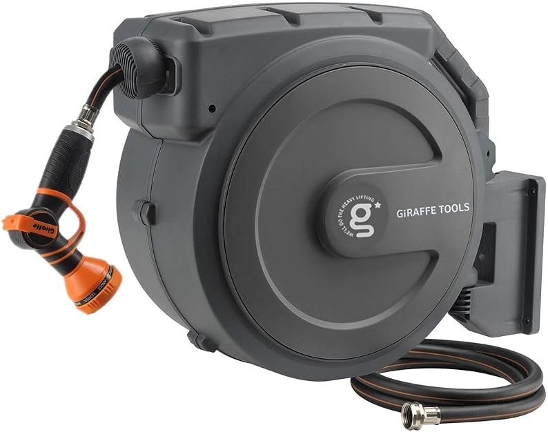 Giraffe Tools Retractable Garden Hose Reel 1/2 Inch x 130 ft, Super Heavy Duty, Any Length Lock, Slow Return System, Wall Mounted and 180 Deg Swivel Bracket - Product Image