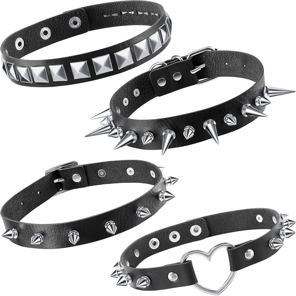 Hicarer 4 Pcs Women Men Cool Punk Choker Gothic Goth Spike Heart Shape Biker Choker PU Leather Collar Studded Rock Necklace (Black) - Product Image