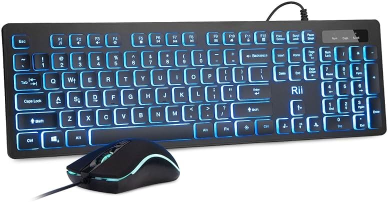 Rii Three Colors Backlit Keyboard and Mouse, Wired Keyboard and Mouse Combo, USB Keyboard and Mouse Set,Quiet Input Gaming Keyboard,Optical RGB Mouse for School,Office,Business and Gaming - Product Image