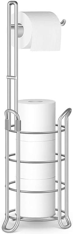 TomCare Toilet Paper Holder Toilet Paper Stand Free-Standing Toilet Tissue Paper Roll Bathroom Storage Shelf and Dispenser for 3 Spare Rolls Metal Wire Bathroom Accessories Storage Organizer - Product Image