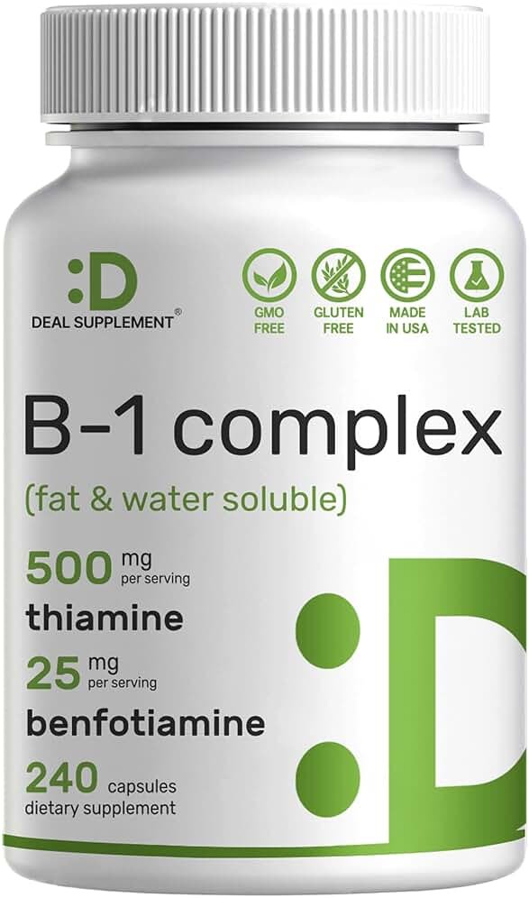 DEAL SUPPLEMENT Vitamin B1 500mg with Benfotiamine, 240 Capsules – 2 in 1 Enhanced Formula – Fat & Water Soluble Thiamine B1 Supplement – Third Party Tested, Non-GMO, No Gluten - Product Image