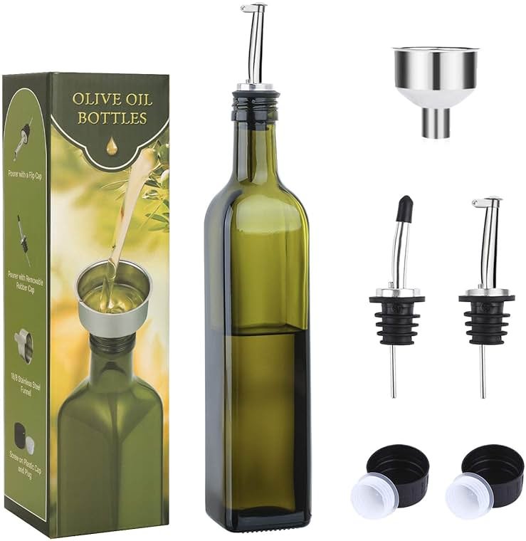 AOZITA 17oz Glass Olive Oil Bottle Dispenser - 500ml Green Oil and Vinegar Cruet with Pourers and Funnel - Olive Oil Carafe Decanter for Kitchen - Product Image