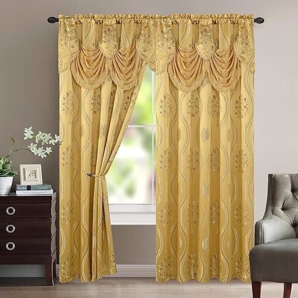 Elegant Comfort Aurora Jacquard Look Curtain Panel Set with Attached Valance 54" X 84 inch (Set of 2), Gold - Product Image