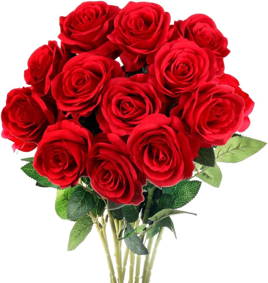 Mocoosy 12PCS Red Roses Artificial Flowers, Fake Roses with Long Stems Realistic Silk Rose Bouquets for Wedding Centerpiece Decorations, Faux Floral Arrangements Bridal Shower Party Home Table Decor - Product Image