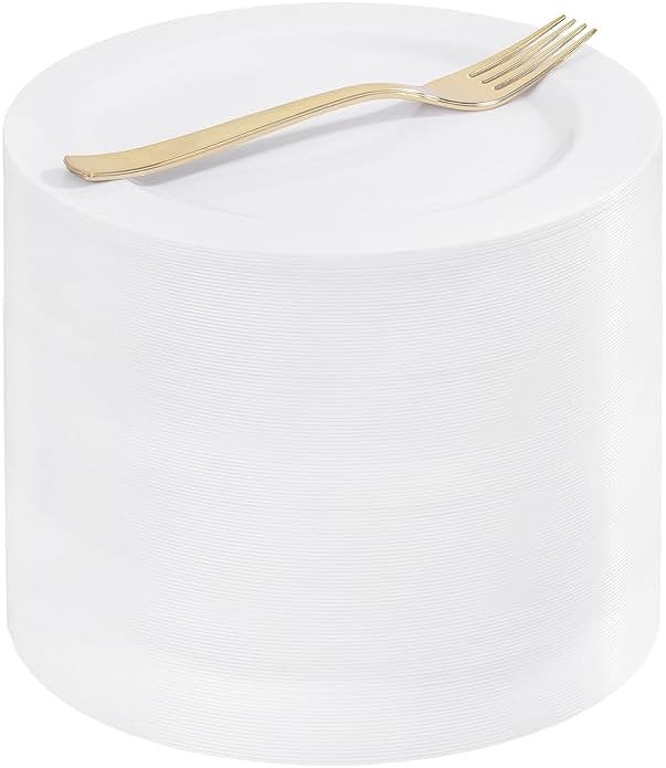 WELLIFE 100PCS White Plastic Dessert Plates and 100PCS Gold Disposable Forks, Premium Hard Dessert Plate 7.5”, Appetizer Plastic Plates for Party and Wedding - Product Image