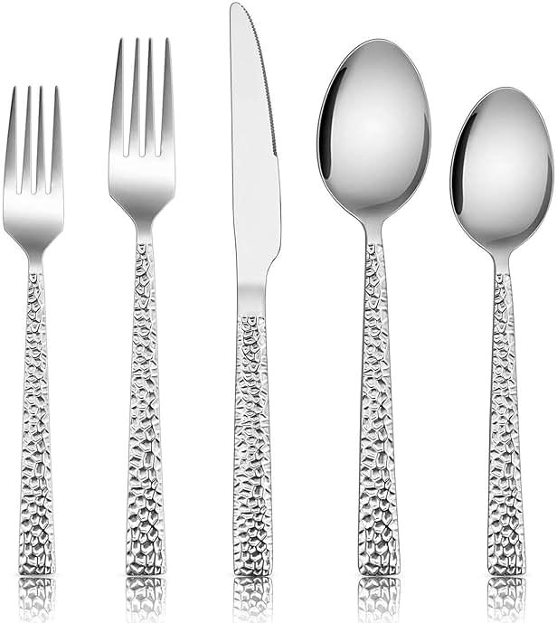 E-far Hammered Silverware Set, 40-Piece Stainless Steel Square Flatware Set for 8, Metal Tableware Cutlery Set Includes Dinner Knives/Forks/Spoons, Modern Design & Mirror Polished - Dishwasher Safe - Product Image