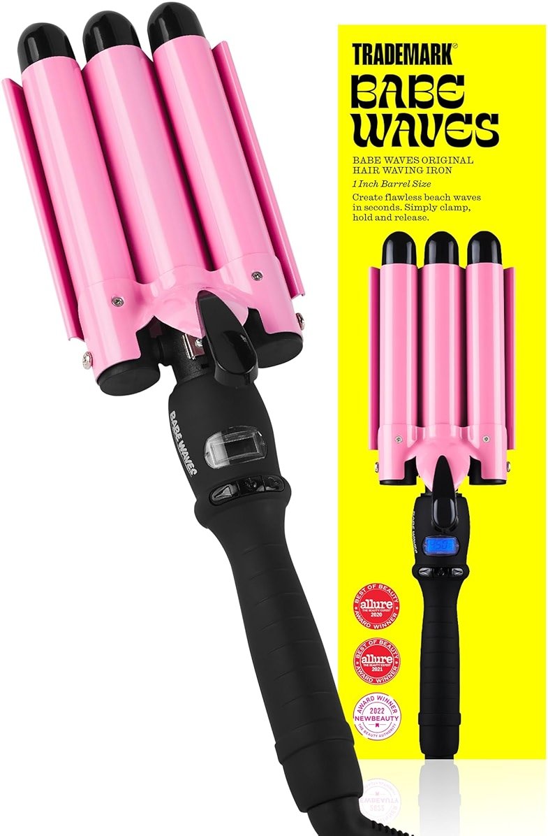Trademark Beauty Three Barrel Hair Waver, Curling Iron, 1 Inch, Beach Waves, Quick Heat, Babe Waves Original, Adjustable Temperature Hair Curler - Pink - Product Image