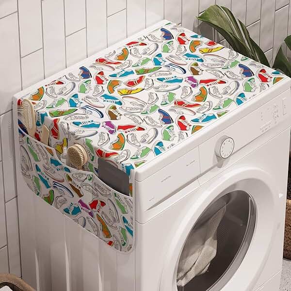 Lunarable Retro Washing Machine Organizer, Colorful Sports Shoes Patterns Sneakers Drawings Young Teen Footwear Retro Print, Anti-slip Fabric Cover for Washers and Dryers, 47" x 18.5", Multicolor - Product Image