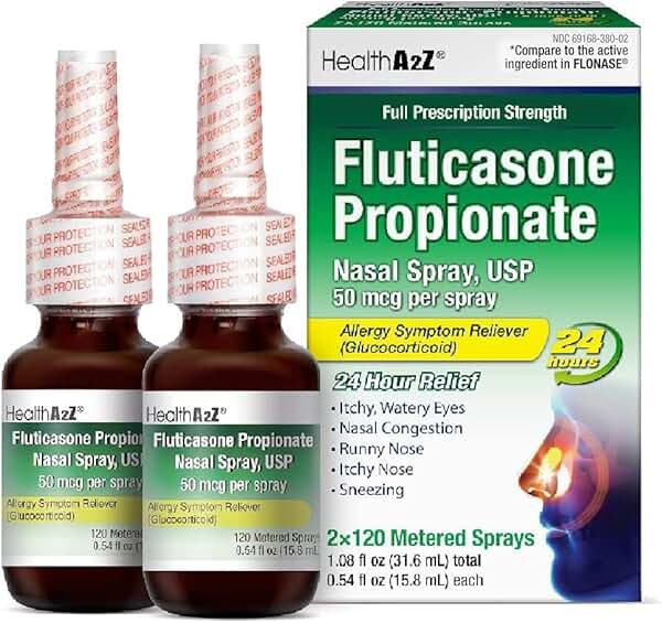 HealthA2Z® Allergy Relief, Fluticasone Propionate 50mcg, Nasal Spray, 24-Hour Allergy Relief, Dye Free, 240 Sprays (2 Pack, 120 Sprays Each) - Product Image
