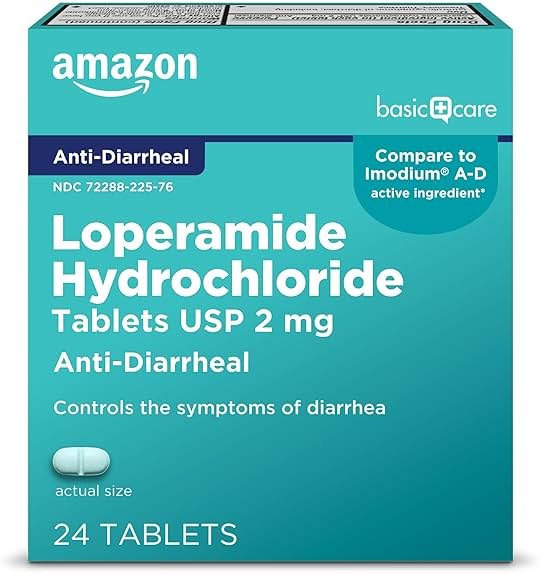 Amazon Basic Care Loperamide Hydrochloride Tablets, 2 mg, Anti-Diarrheal, 24 Count (Pack of 1) - Product Image