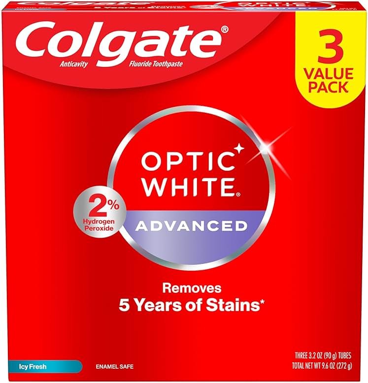 Colgate Optic White Advanced Hydrogen Peroxide Toothpaste Pack, Teeth Whitening Toothpaste, Enamel-Safe Hydrogen Peroxide Formula, Helps Remove Tea, Coffee, and Wine Stains, Icy Fresh, 3 Pack, 3.2 oz - Product Image