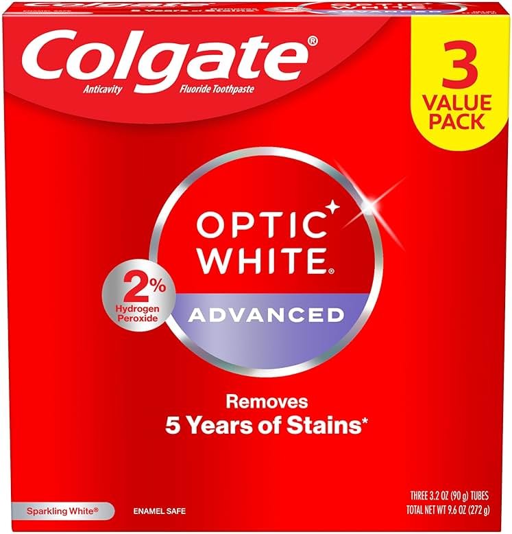 Colgate Optic White Advanced Hydrogen Peroxide Toothpaste, Teeth Whitening Toothpaste Pack, Enamel-Safe Formula, Helps Remove Tea, Coffee, and Wine Stains, Sparkling White, 3 Pack, 3.2 oz - Product Image