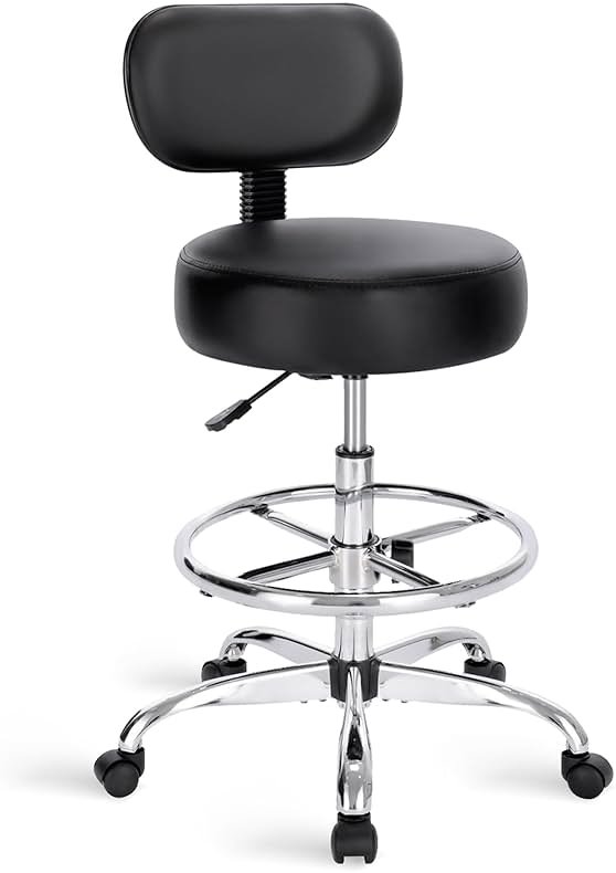 SUPERJARE Drafting Chair with Back, Adjustable Foot Rest Rolling Stool, Multi-Purpose Office Desk Chair, Thick Seat Cushion for Home Bar Kitchen Shop - Black - Product Image