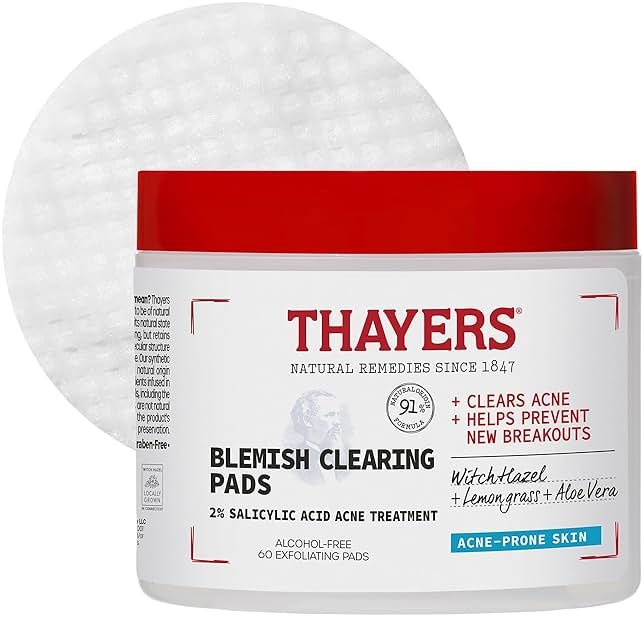 Thayers Blemish Clearing Acne Pads, Salicylic Acid Acne Treatment for Face, Pore Reducing, Exfoliating, and Soothing Skincare, Witch Hazel Toner Pads, 60 Ct - Product Image
