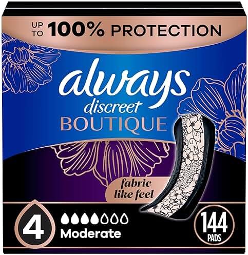 Always Discreet Boutique Incontinence Pads, for Bladder Leaks, Moderate Absorbency, Regular Length, 144 Count (3 Packs of 48) - Product Image