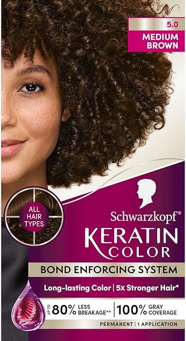 Schwarzkopf Keratin Permanent Hair Dye Cream, 5.0 Medium Brown, Professional Quality Color for Up to 100% Gray Coverage, Bond Enforcing System - Product Image