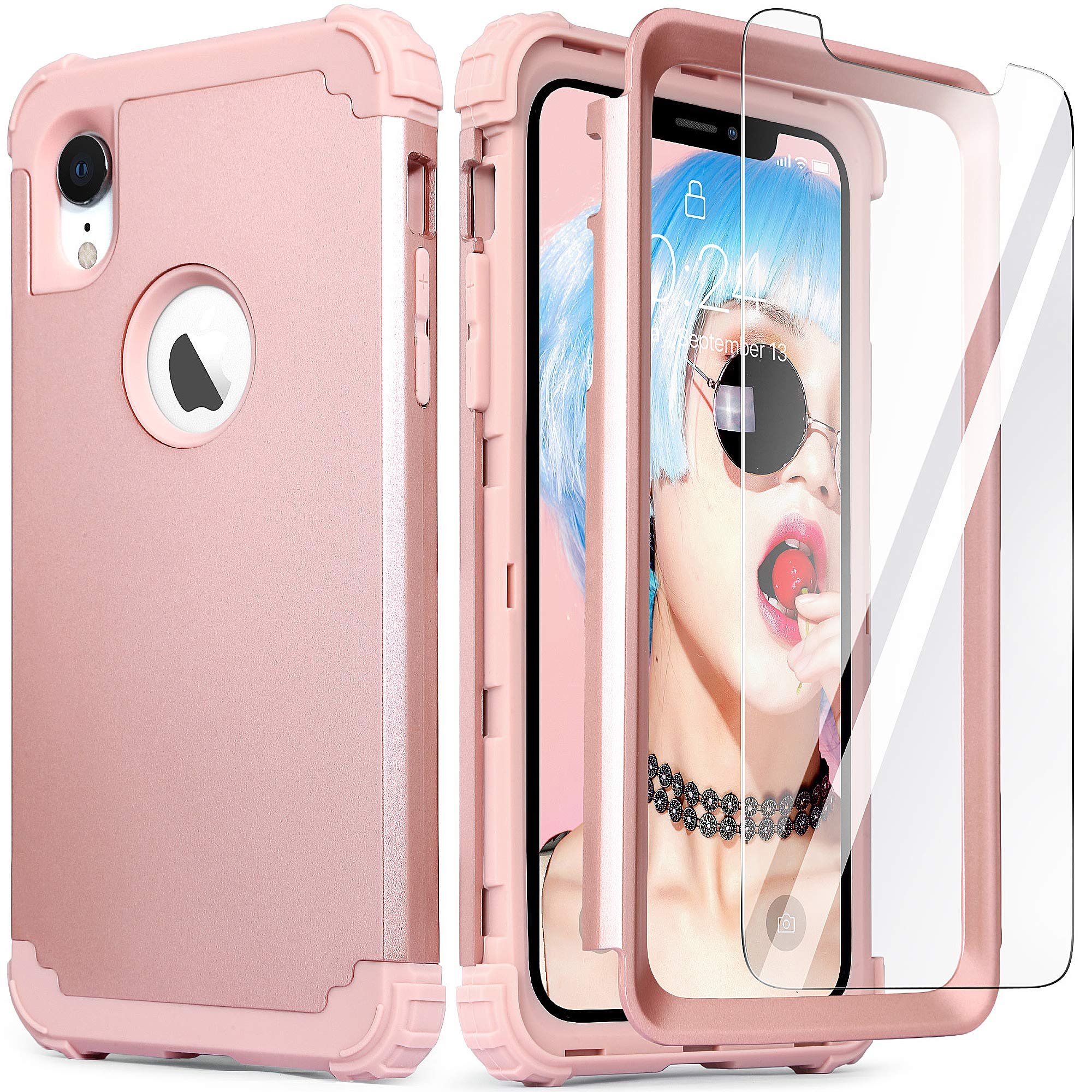 IDweel for iPhone XR Case with Tempered Glass Screen Protector for Women, 3 in 1 Shockproof Slim Hybrid Heavy Duty Hard PC Cover Soft Silicone Bumper Full Body Case, Rose Gold - Product Image