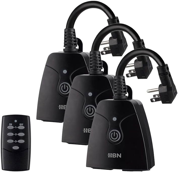 HBN Outdoor Wireless Remote Control Outlet Plug,Weatherproof Heavy Duty Power Strip,Indoor Electrical Plugs for Light Switch,6-inch Cord,100ft Range, ETL Listed(15A,Dual 3-Prong Outlets,3Packs) - Product Image