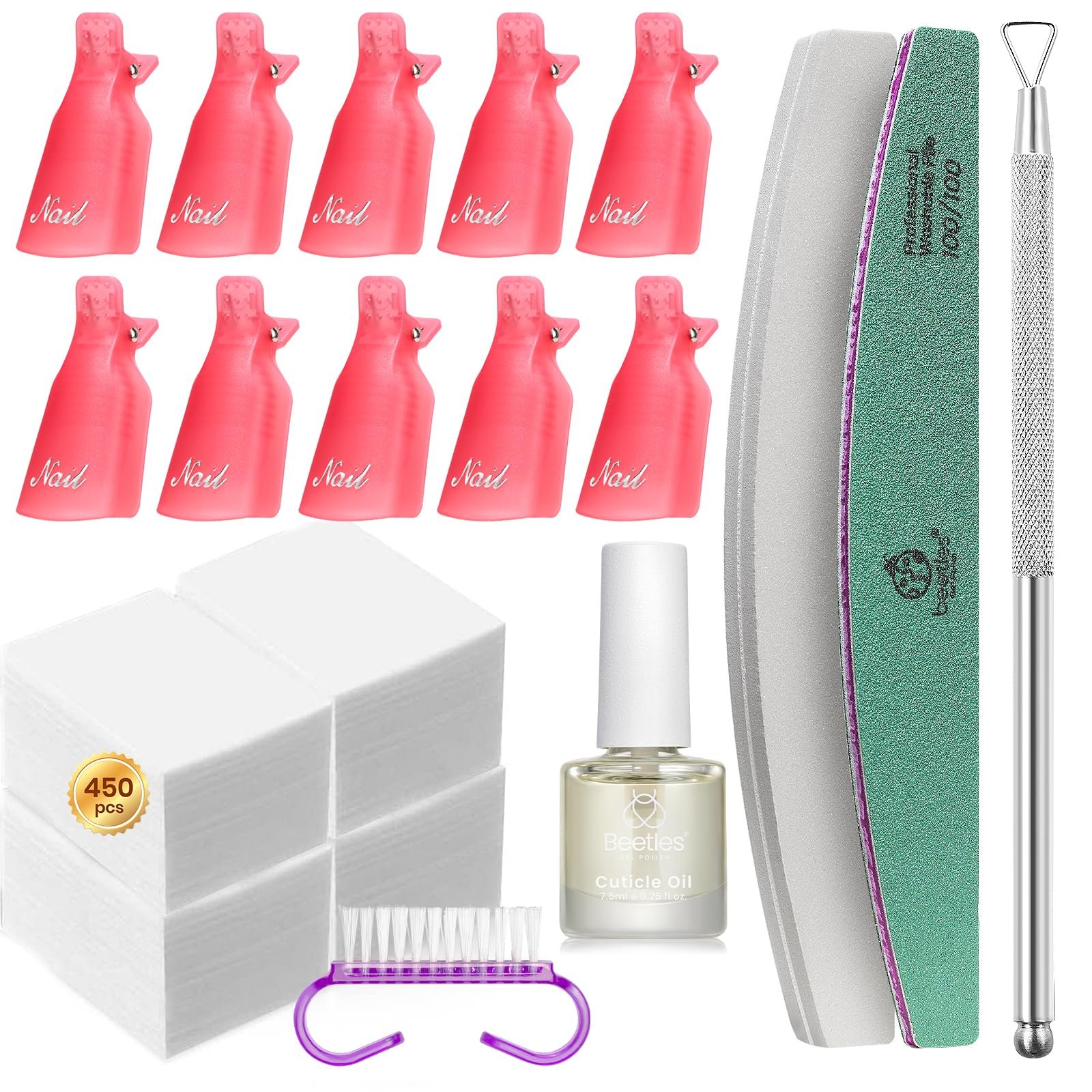 Beetles Gel Polish Remover Kit with 450 Pcs Lint Free Nail Wipes 10 Pcs Gel Polish Remover Clips Cuticle Oil Cuticle Pusher Nail File - Product Image